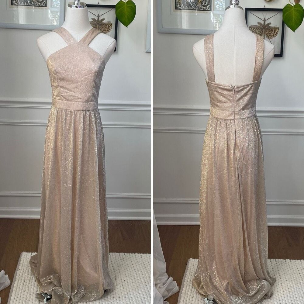 Lulus Metallic Gold Halter Grecian Neck Flowing Chiffon Formal Gown Dress S